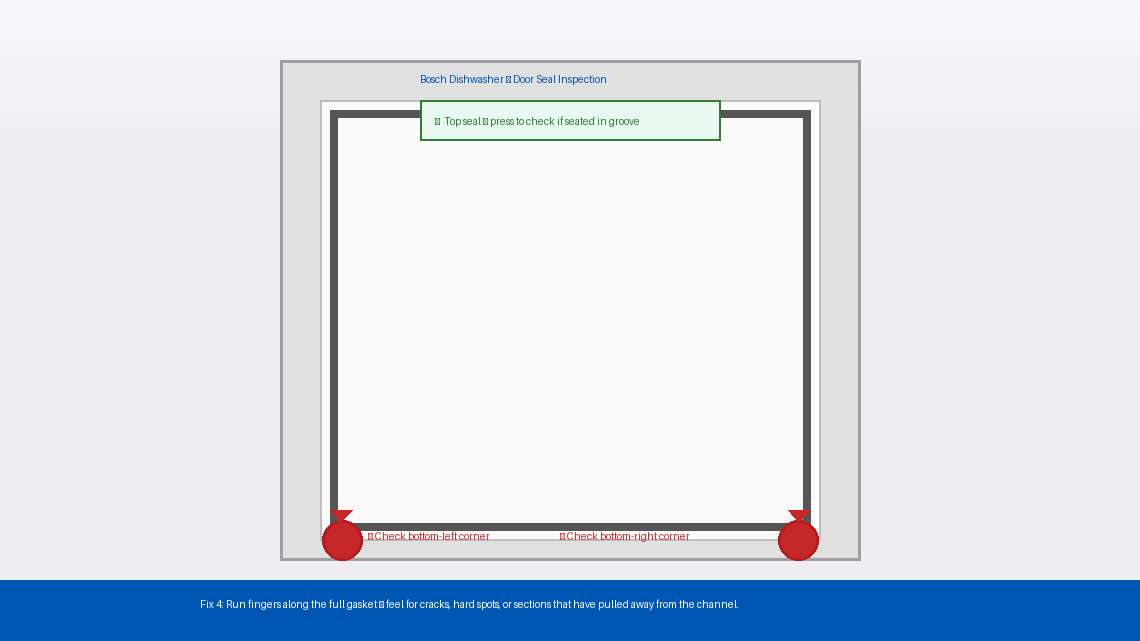 Bosch dishwasher door showing rubber gasket inspection points highlighting bottom corners as common E15 leak points