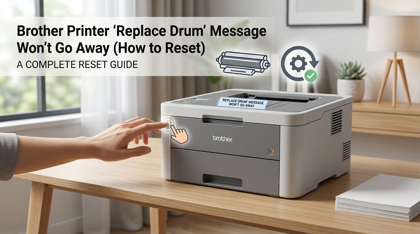 Brother laser printer displaying Replace Drum message with hand pressing the Go button to reset the drum counter
