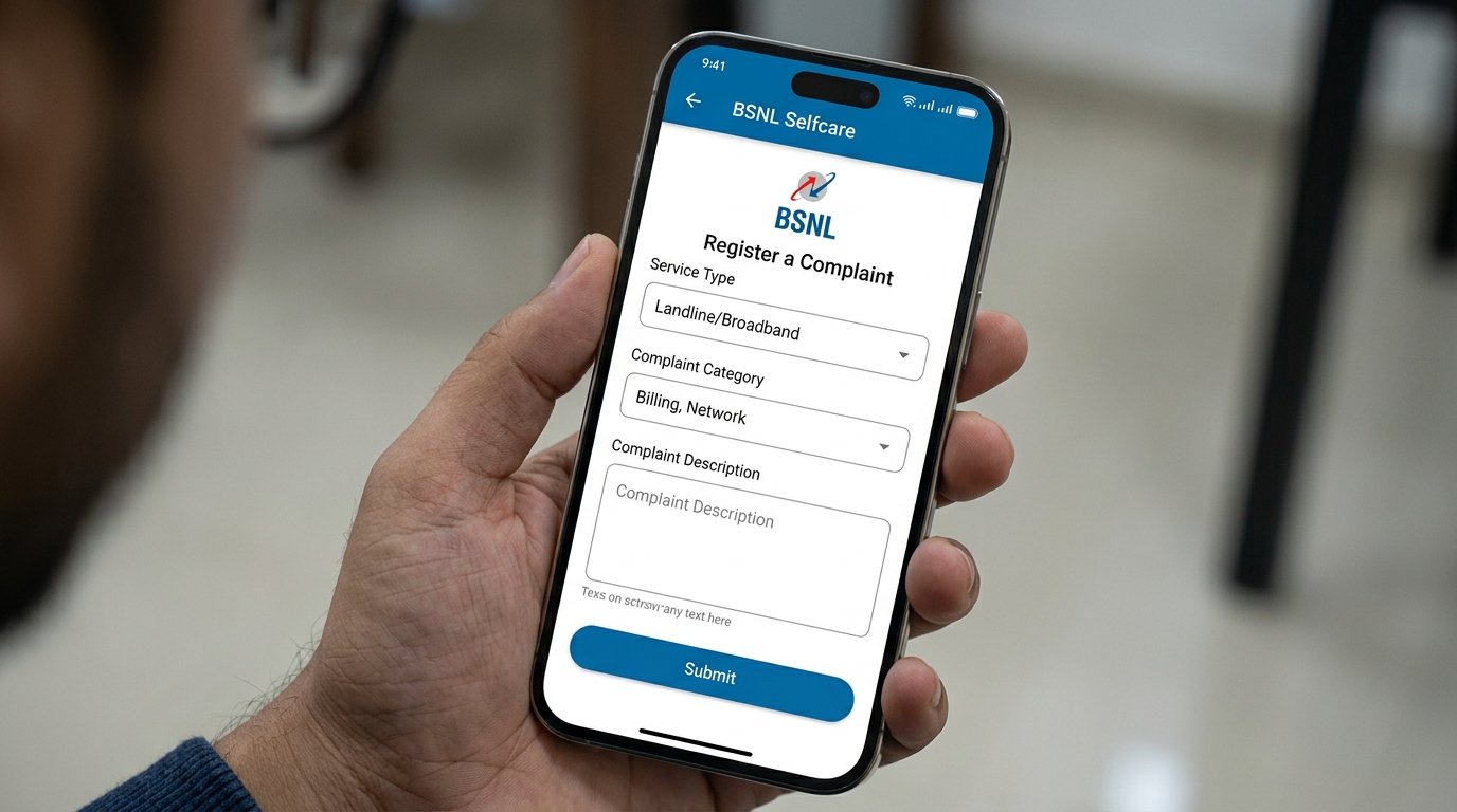 Person holding a smartphone showing the BSNL Self Care app with Register a Complaint screen open, showing Landline/Broadband service type selected