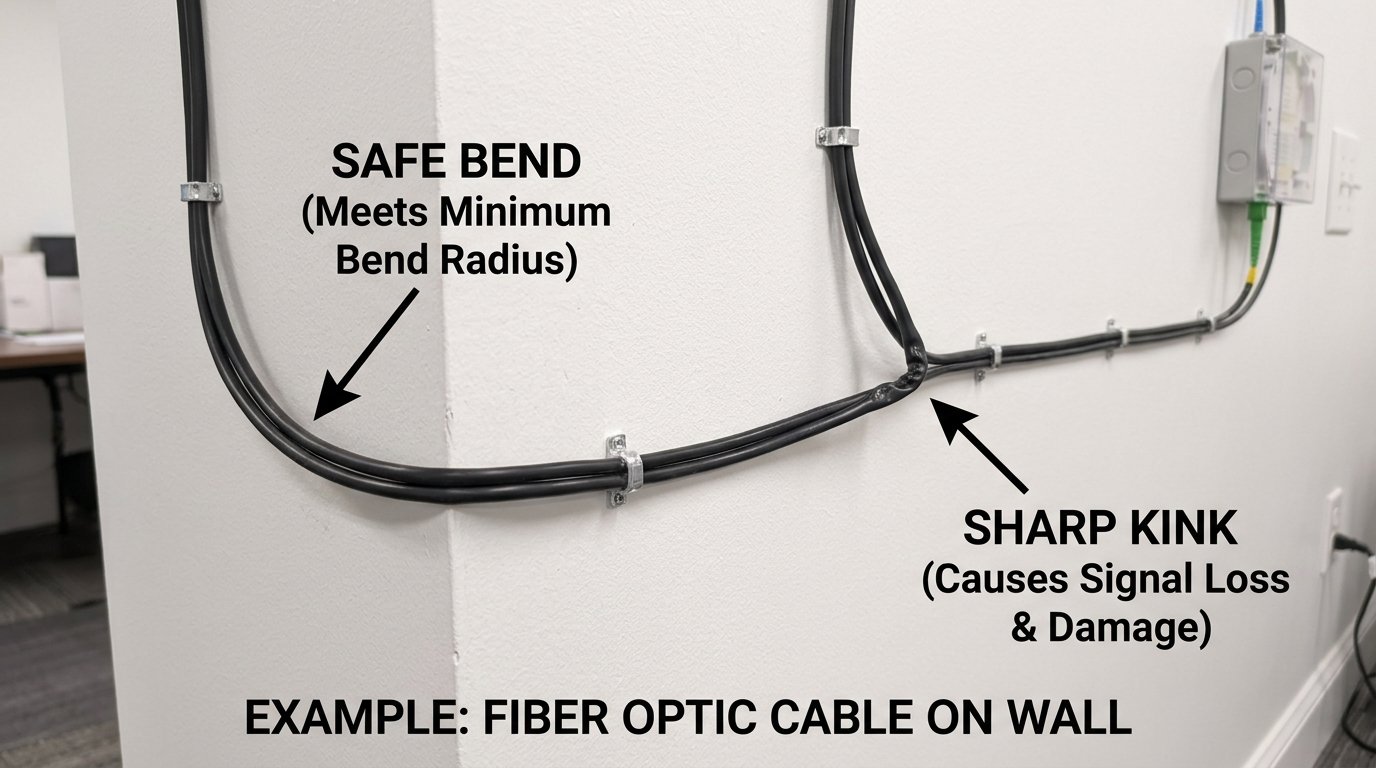 Diagram showing fiber optic cable on a wall — a safe gentle bend on the left labelled SAFE BEND and a sharp kink on the right labelled SHARP KINK Causes Signal Loss and Damage