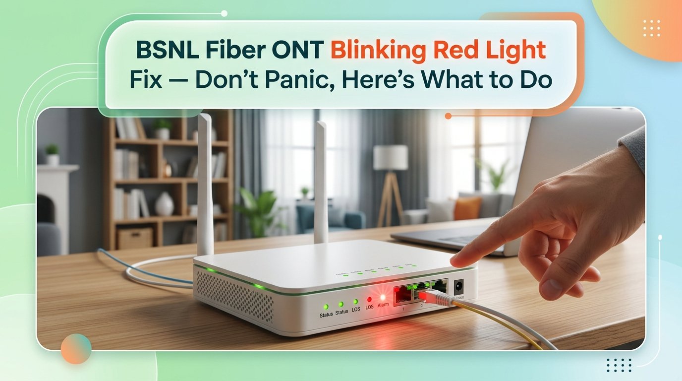 BSNL fiber ONT box on desk showing blinking red PON/LOS light with hand reaching to check the device
