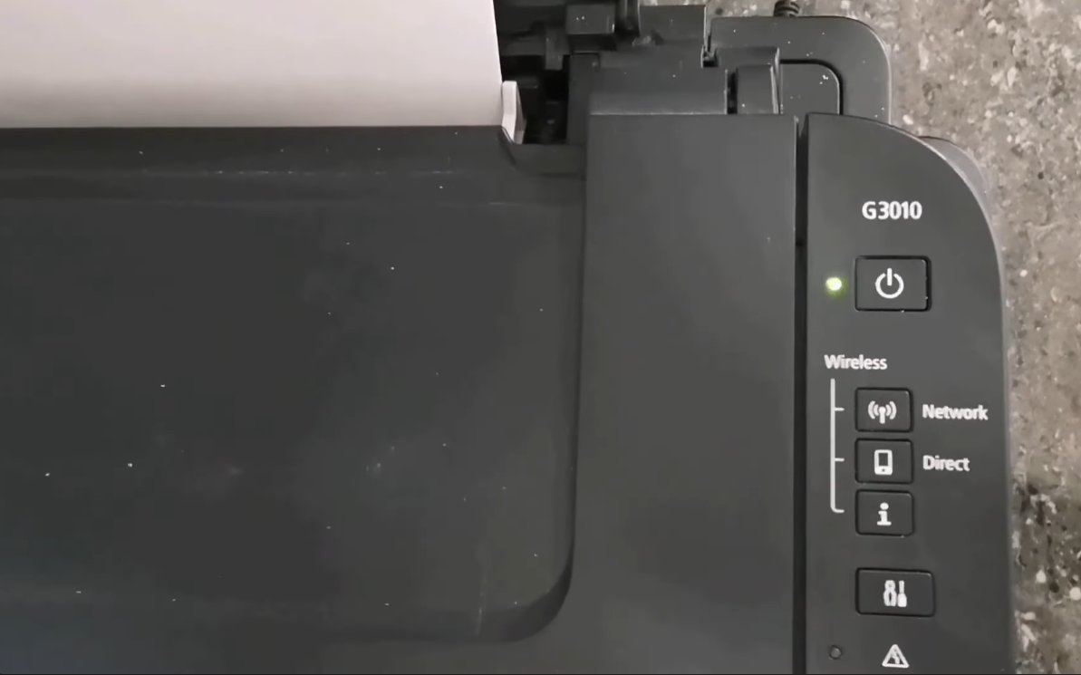 Canon Pixma G3010 top-down view showing the Power, Stop, Black Start and Color Start buttons used in the manual service mode button reset sequence for P07 and 5B00 errors