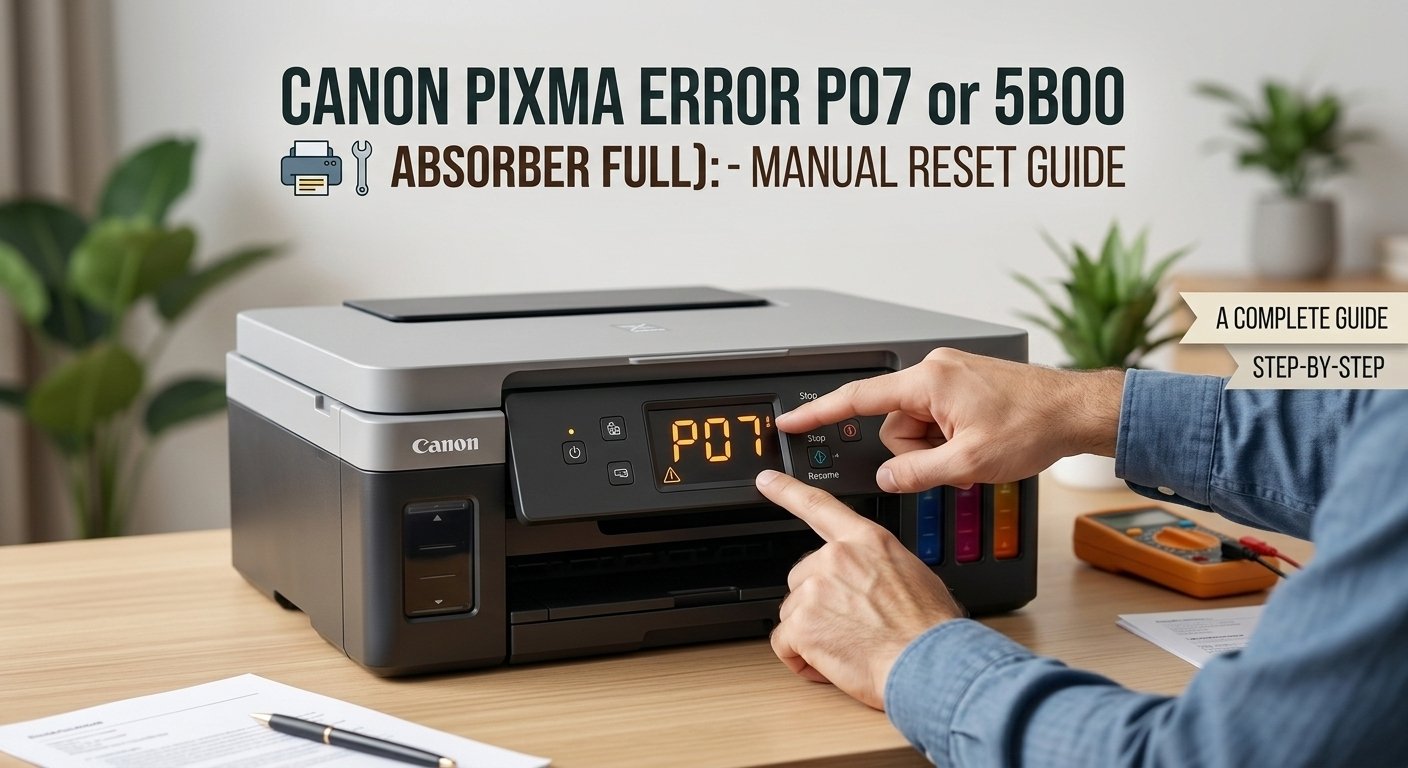 Canon Pixma printer displaying P07 error code with technician using service tool to reset waste ink counter