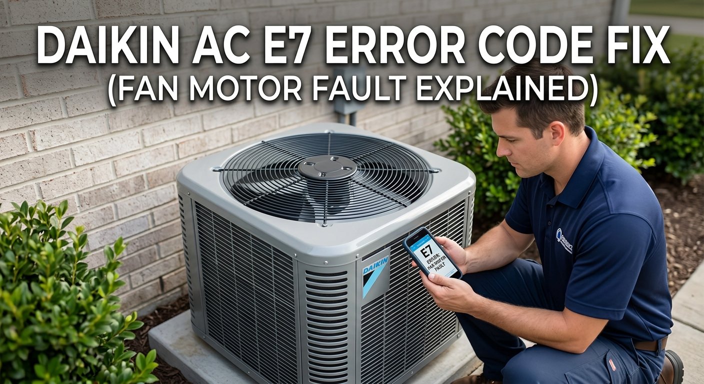 HVAC technician crouching beside Daikin outdoor unit checking E7 fan motor fault on mobile phone diagnostic tool