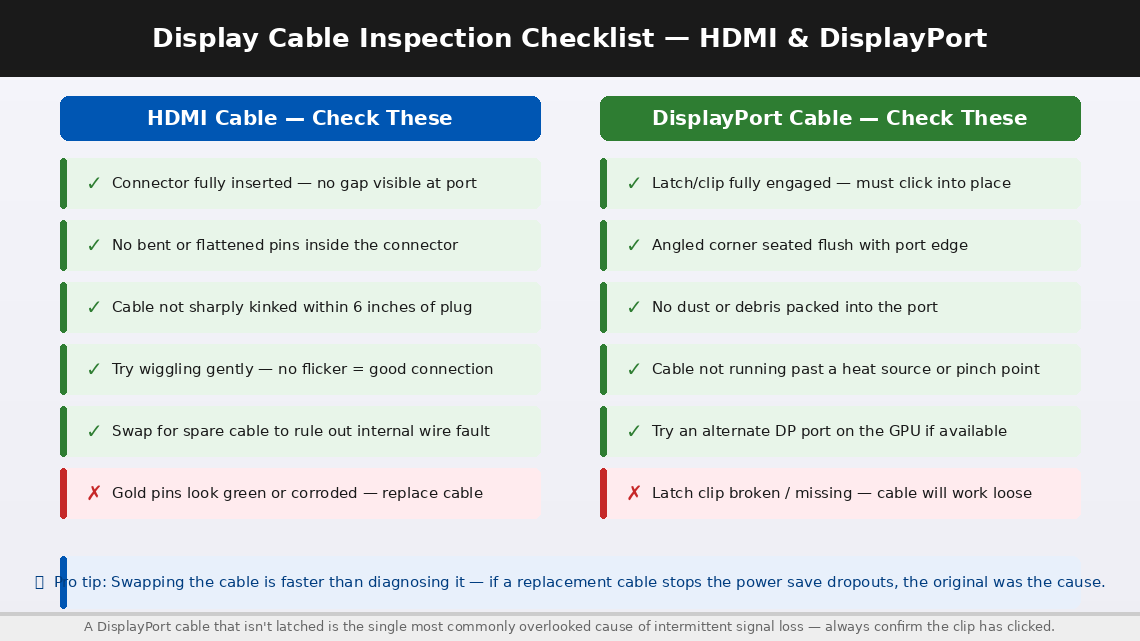 Checklist diagram showing HDMI and DisplayPort cable inspection points including bent pins, latch engagement, connector seating and cable damage signs
