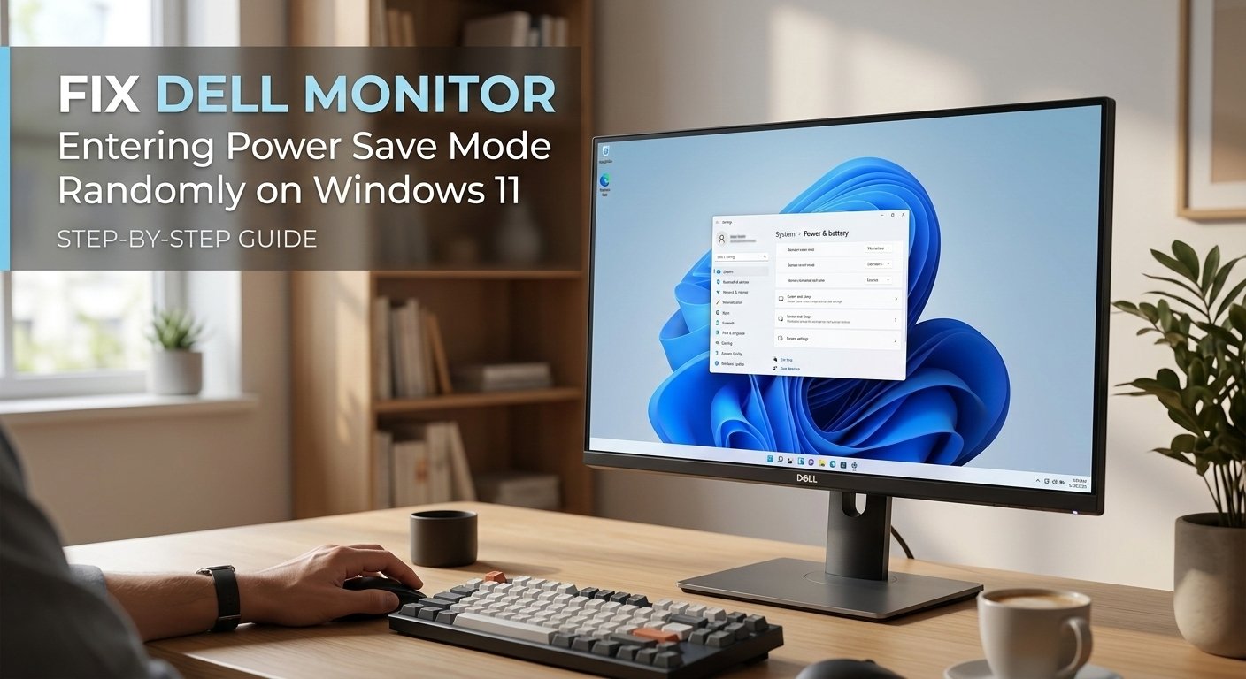 Dell monitor on desk showing Windows 11 Power and Battery settings to fix entering power save mode