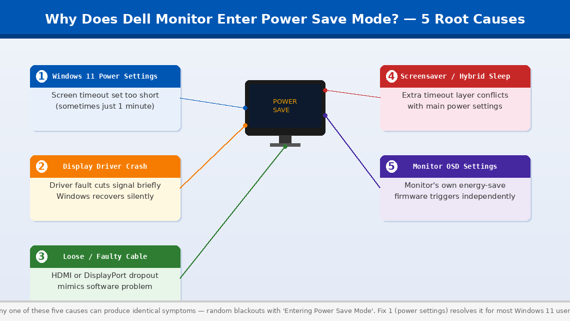 Diagram showing five root causes of Dell monitor power save mode: Windows 11 power settings, display driver crash, loose cable, screensaver conflicts, and monitor OSD settings