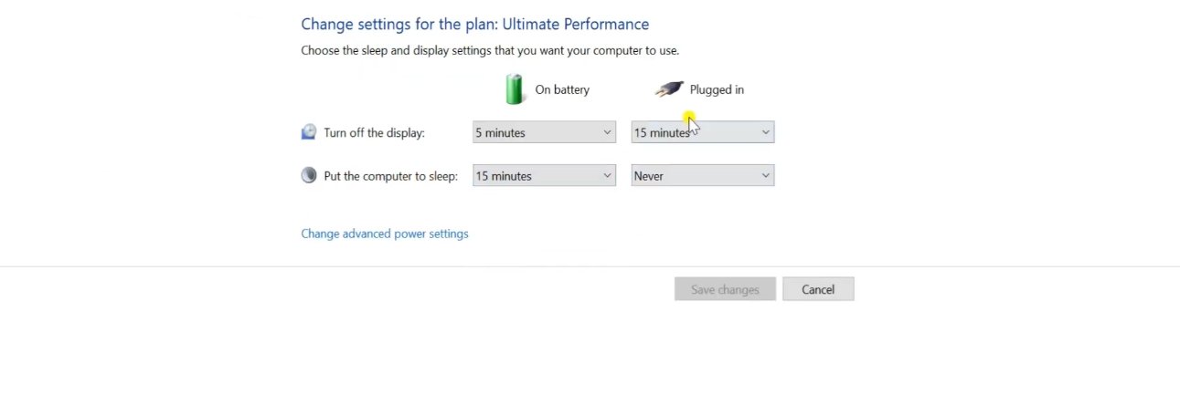 Windows 11 Change settings for Ultimate Performance power plan showing Turn off the display set to 15 minutes and Put the computer to sleep set to Never