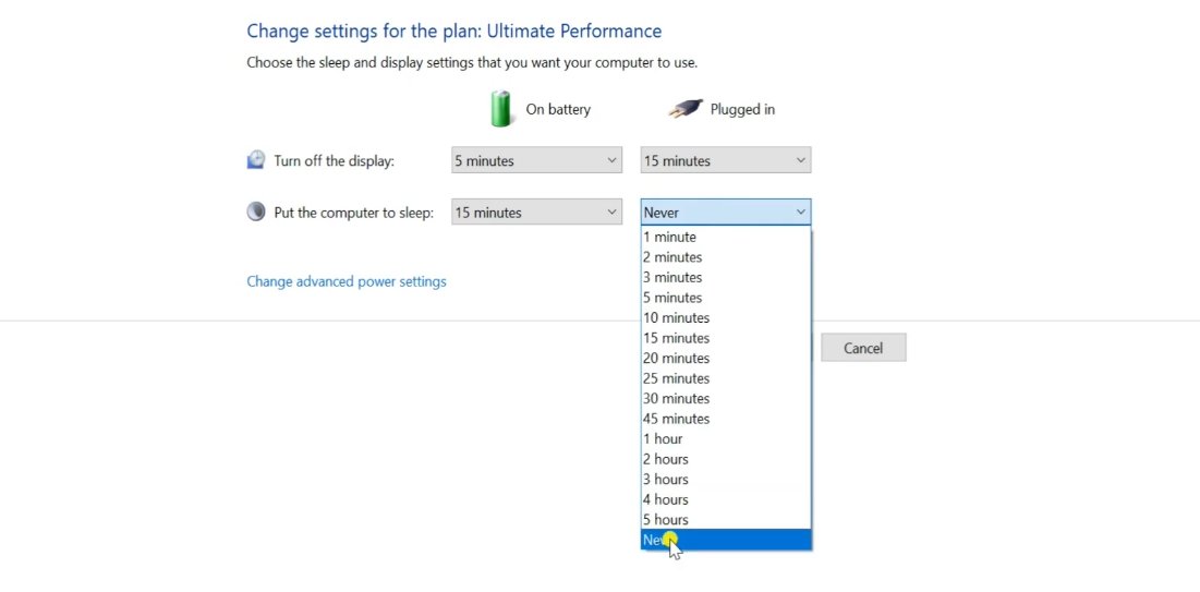 Windows 11 power plan settings showing the sleep timeout dropdown expanded with 'Never' option highlighted at the bottom of the list