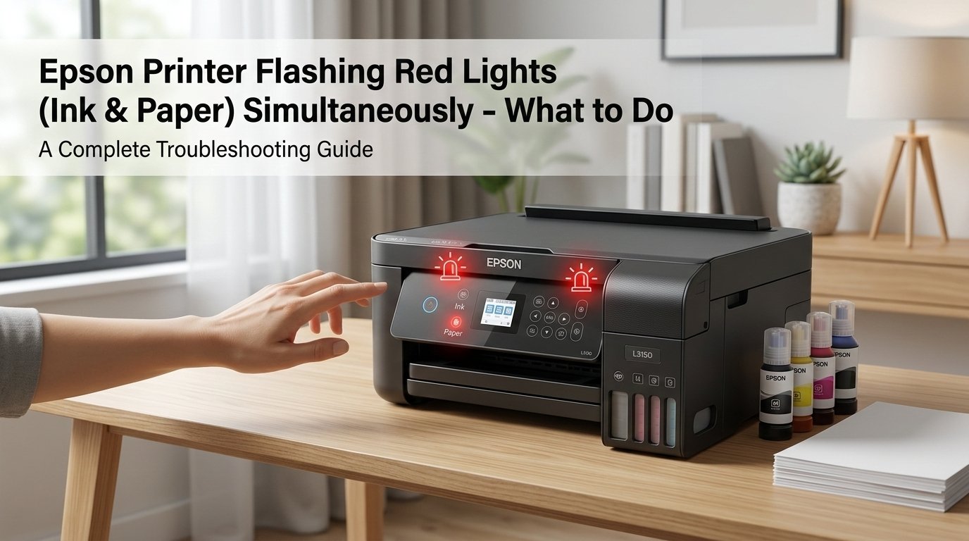 Epson printer with both ink and paper lights flashing red simultaneously