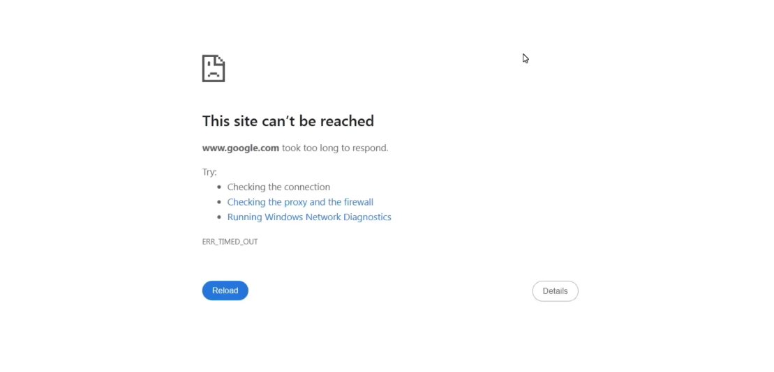 Chrome browser showing the ERR_CONNECTION_TIMED_OUT error screen with 'This site can't be reached' message