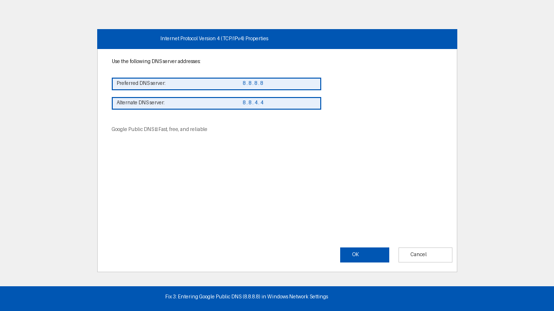 Windows Internet Protocol Properties dialog showing Google public DNS servers 8.8.8.8 and 8.8.4.4 entered as preferred and alternate DNS