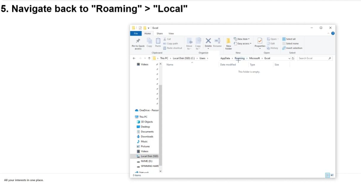 Windows File Explorer showing the now-empty AppData Roaming Microsoft Excel folder confirming the cleanup step is complete with This folder is empty message and the breadcrumb showing the full path