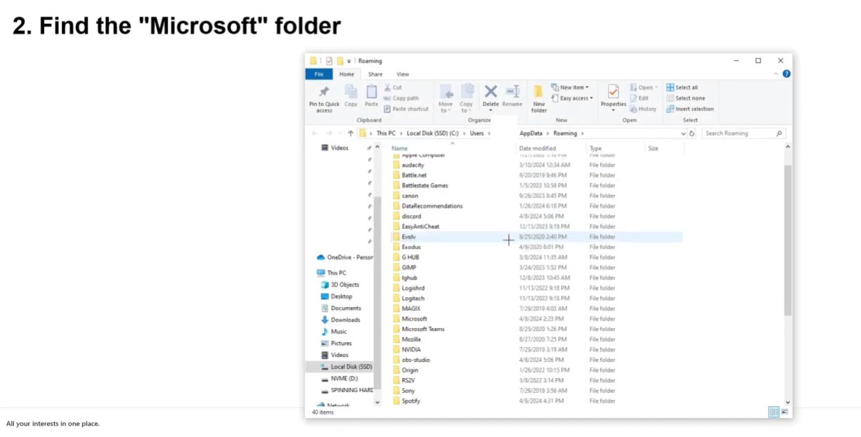 Windows File Explorer showing the AppData Roaming directory with the Microsoft folder highlighted among other application folders like Discord GIMP and Mozilla confirming the path to navigate to for Excel cleanup