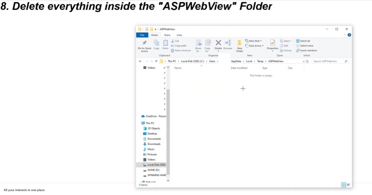 Windows File Explorer showing the ASPWebView folder completely empty after deleting its contents confirming the temporary file cleanup is complete with This folder is empty message