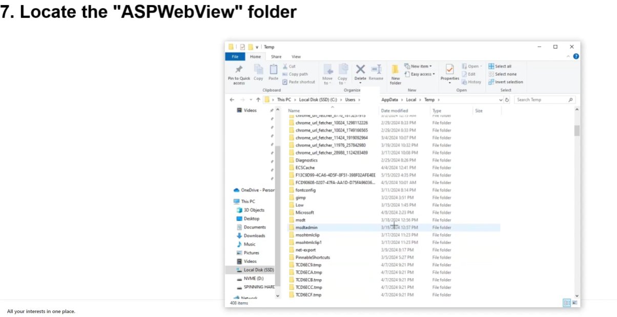 Windows File Explorer showing the Temp folder contents with hundreds of temporary files and folders including the ASPWebView folder which contains Excel's web view temporary cache files that cause memory errors