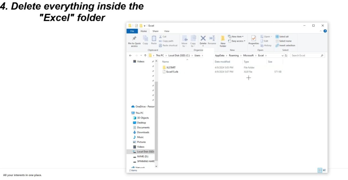 Windows File Explorer showing the Excel folder contents with XLSTART folder and Excel15 xlb file inside the AppData Roaming Microsoft Excel directory with the delete option accessible from the toolbar
