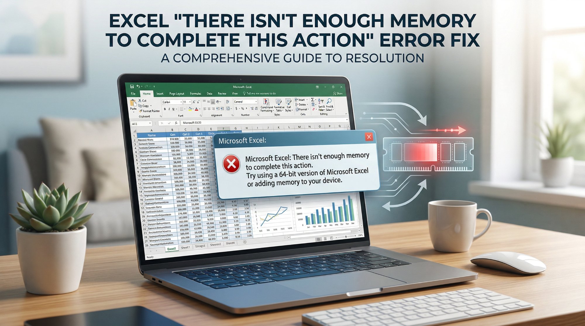 Laptop showing Microsoft Excel with not enough memory error dialog