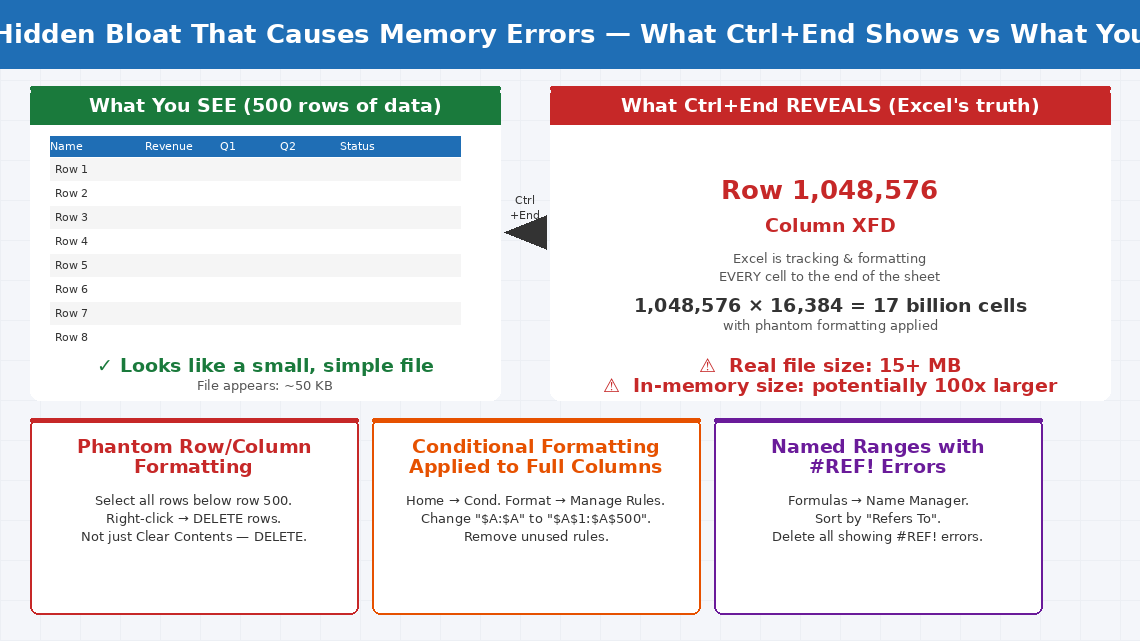 Light-themed comparison showing on the left what you see in a 500-row Excel spreadsheet versus on the right what Ctrl plus End reveals which is Excel tracking data all the way to row 1048576 with three bloat source cards at the bottom showing phantom formatting conditional format applied to full columns and named ranges with ref errors