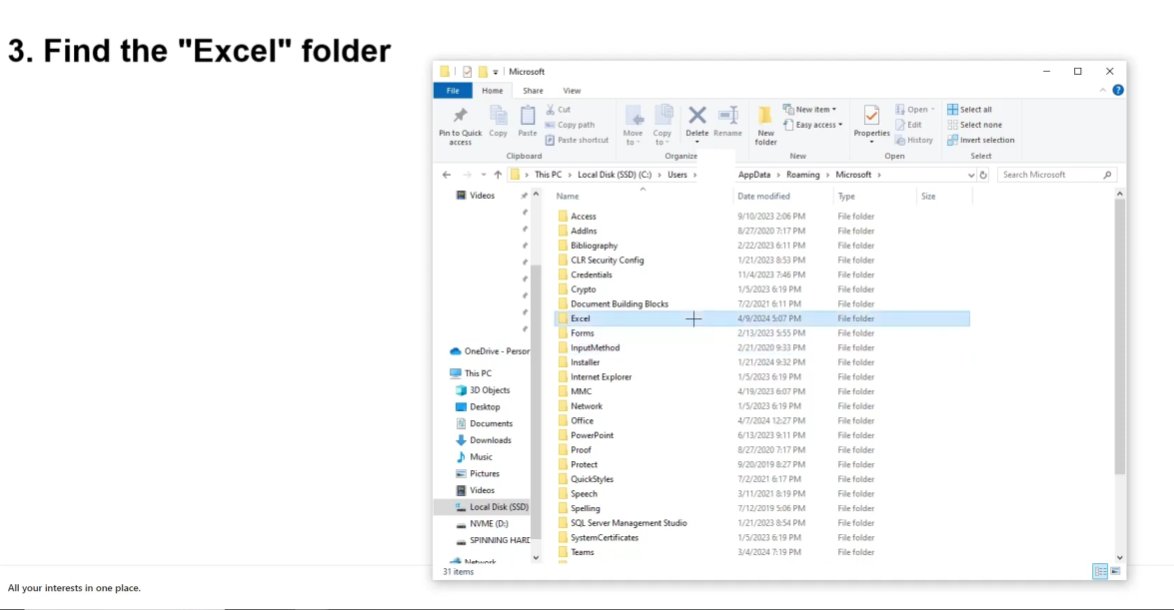Windows File Explorer showing the Microsoft folder contents with the Excel folder highlighted in blue among other folders like Access Addins Forms PowerPoint and Teams confirming the Excel profile folder location