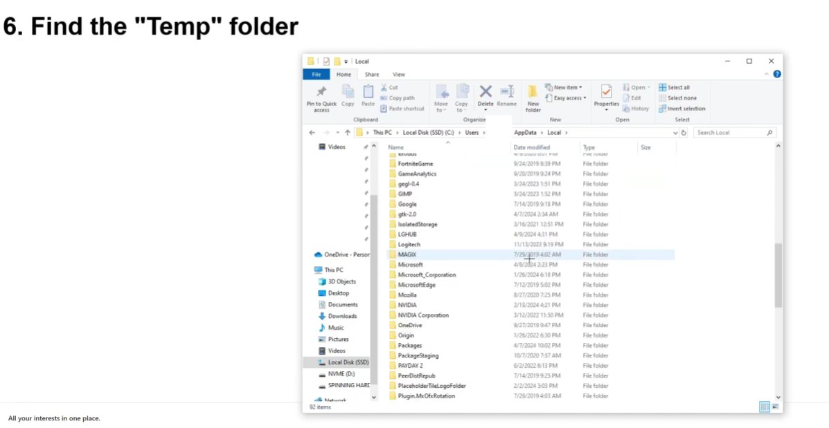 Windows File Explorer showing the AppData Local directory contents with multiple application folders visible including Microsoft Mozilla NVIDIA and others confirming the navigation to find the Temp folder for Excel temp file cleanup