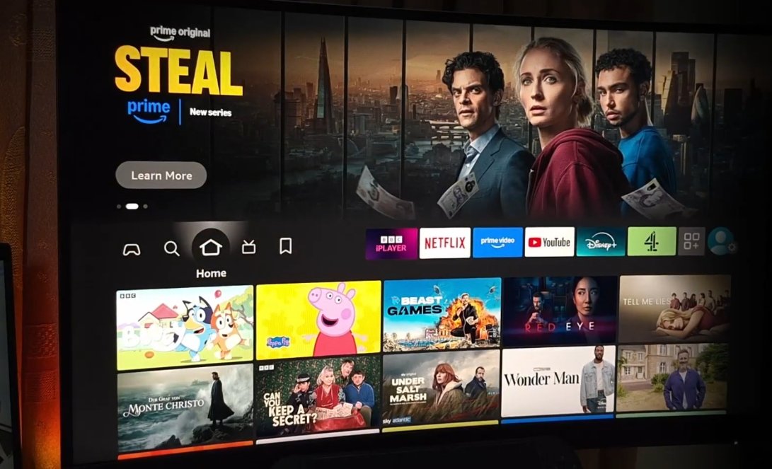 Fire TV Stick home screen working normally showing Prime Video content including Steal new series with Netflix, BBC iPlayer and Disney Plus app tiles