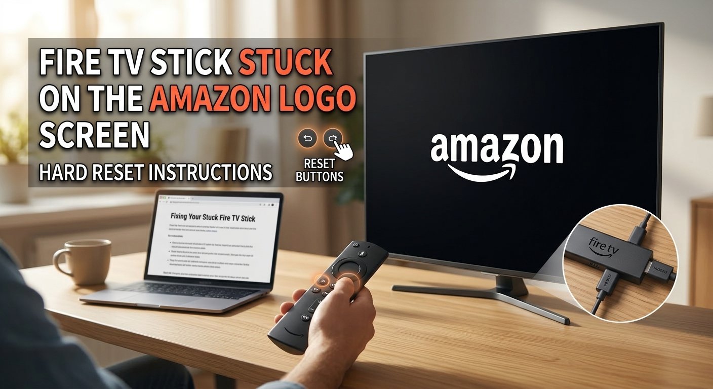 Fire TV Stick frozen on Amazon logo screen with remote and troubleshooting guide