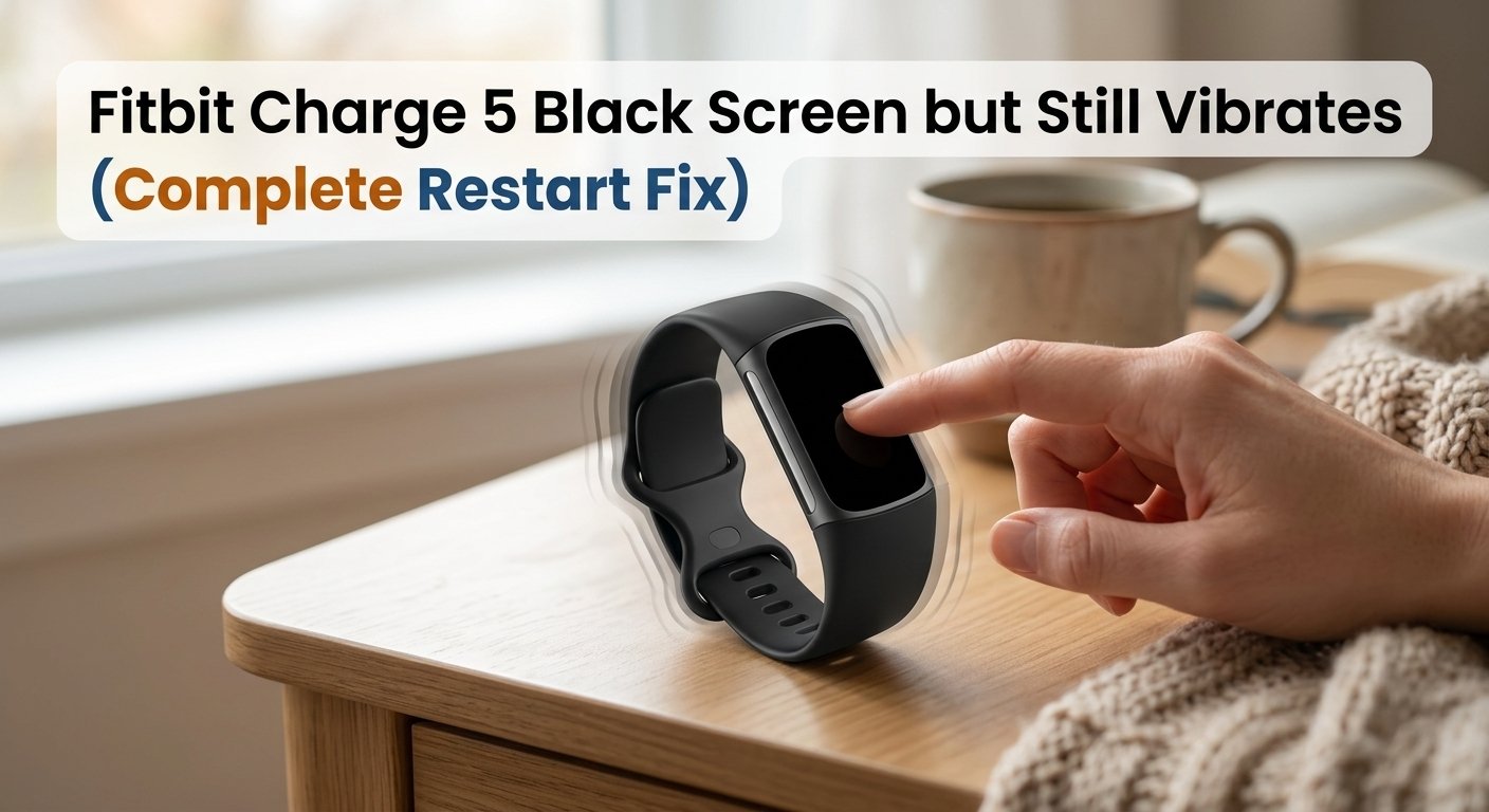 Fitbit Charge 5 fitness tracker on wooden table with completely black screen while a finger touches it showing vibration wave effects indicating the device is still active despite the dark display