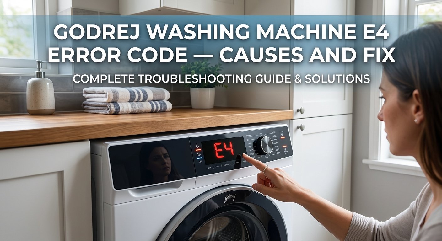 Woman pointing at Godrej washing machine showing E4 error code on display panel