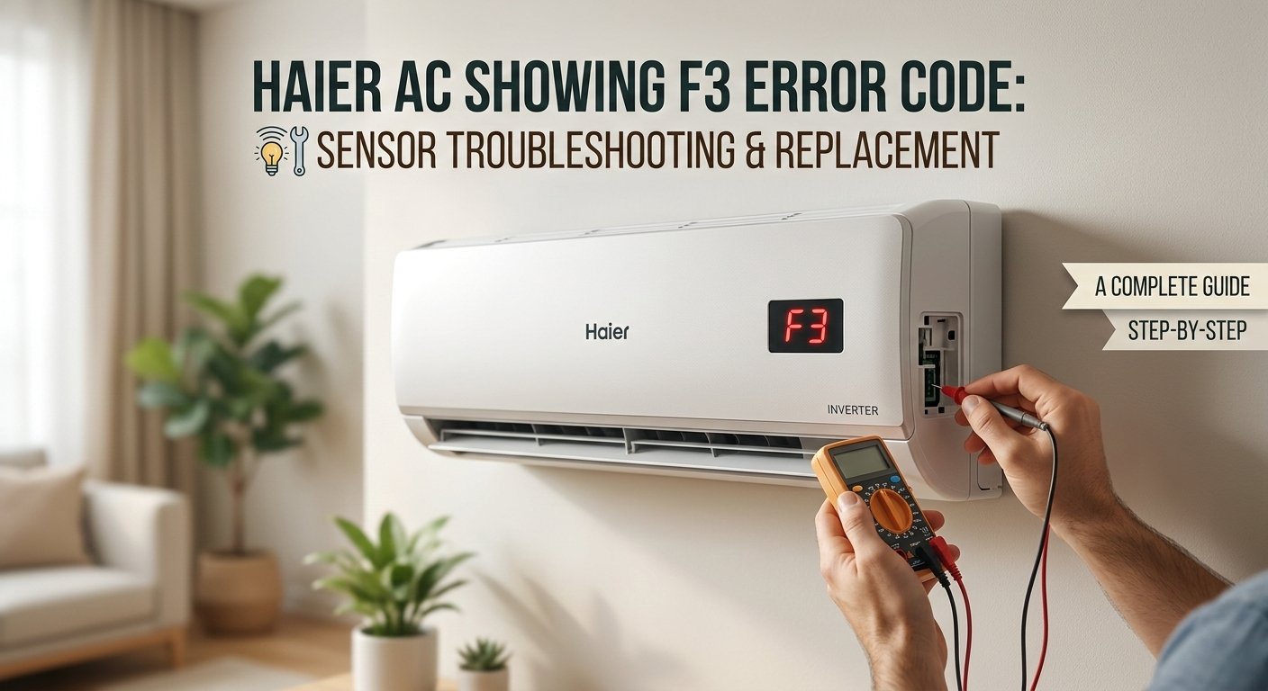Haier split AC displaying F3 error with technician testing the ambient sensor using a multimeter