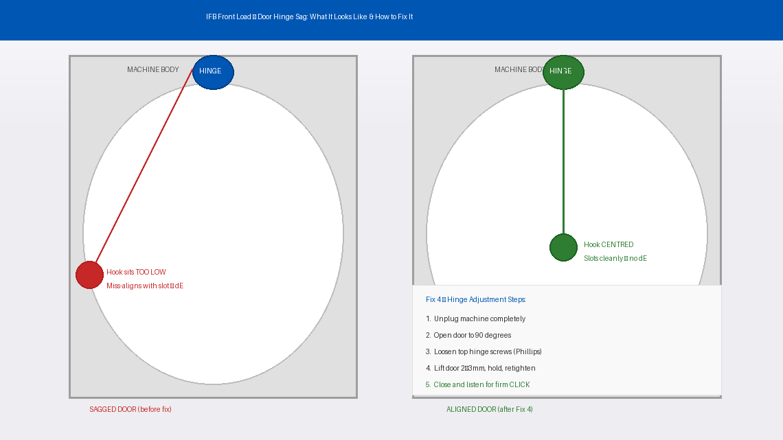 Diagram comparing a sagged IFB washing machine door where the latch hook misses the receiver slot versus a correctly aligned door after hinge adjustment
