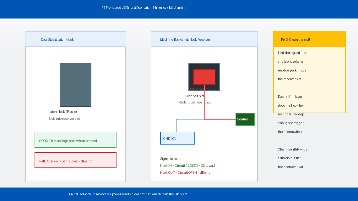 Diagram showing IFB front load washing machine door latch hook and interlock receiver mechanism — how the micro switch triggers the door-locked signal to the control board