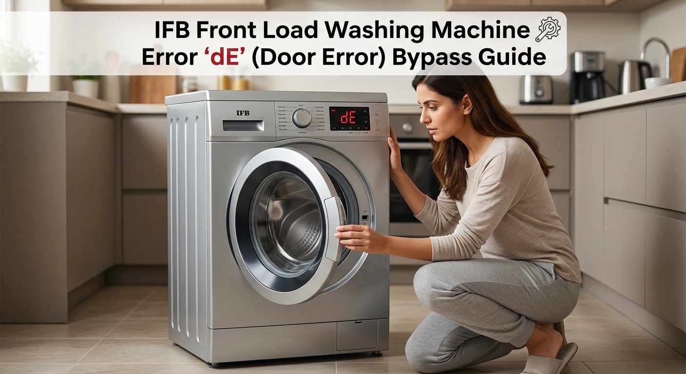 IFB front load washing machine showing dE door error with woman inspecting the door latch