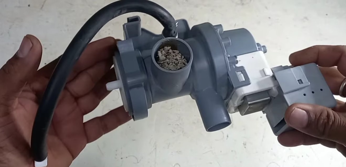 IFB washing machine drain pump component removed showing mineral debris buildup inside the pump housing during internal inspection