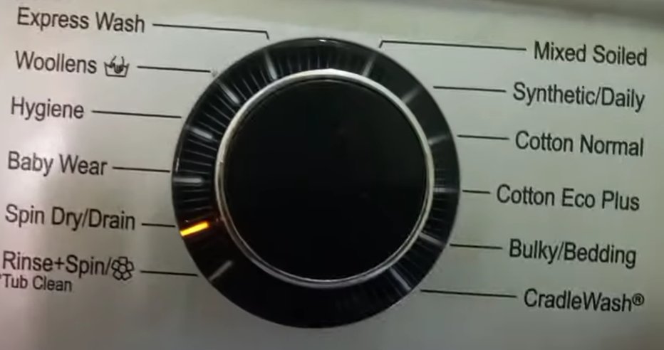 IFB front load washing machine program selection dial showing wash cycle options including Express Wash, Woolens, Hygiene, Baby Wear, Cotton Normal and more