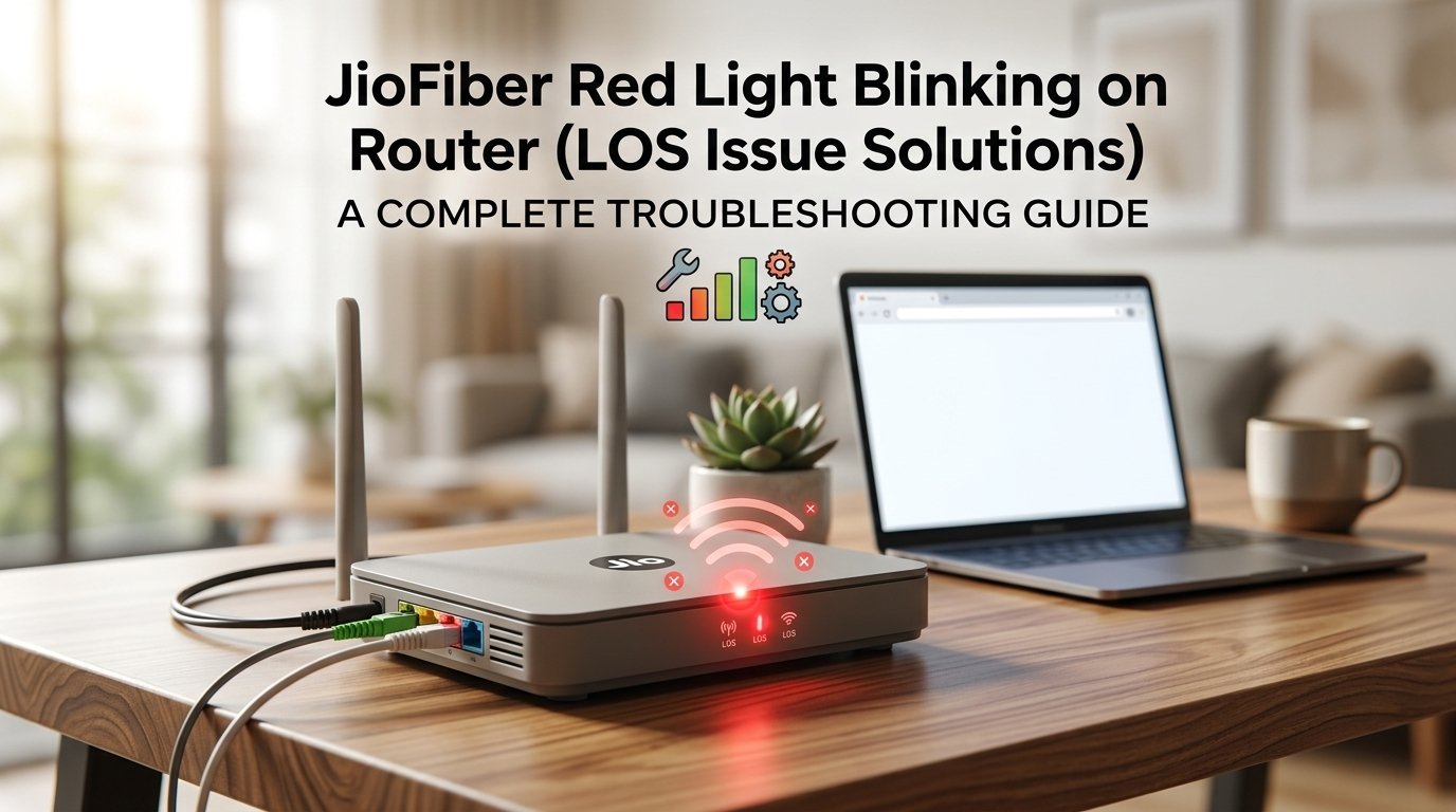 JioFiber router with red LOS light blinking on desk with laptop in background