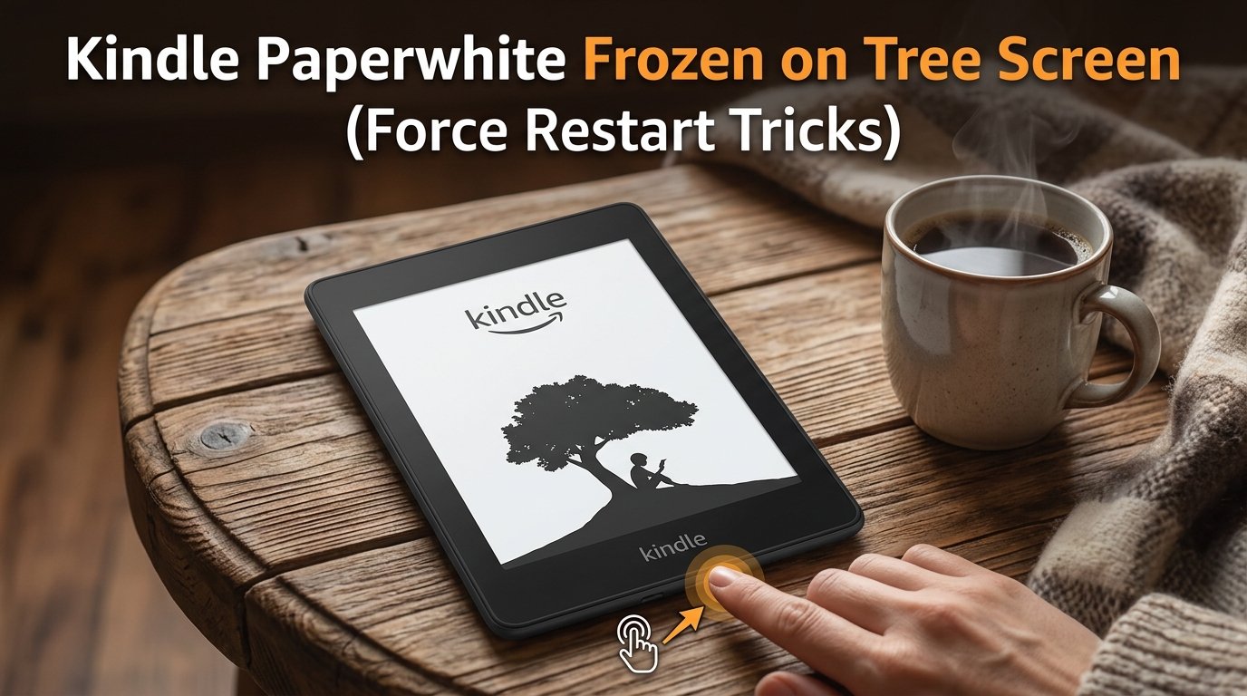 Kindle Paperwhite e-reader on wooden table showing the tree screensaver image with person reading under a tree and a hand pressing the power button with an orange glow indicator and coffee mug in the background
