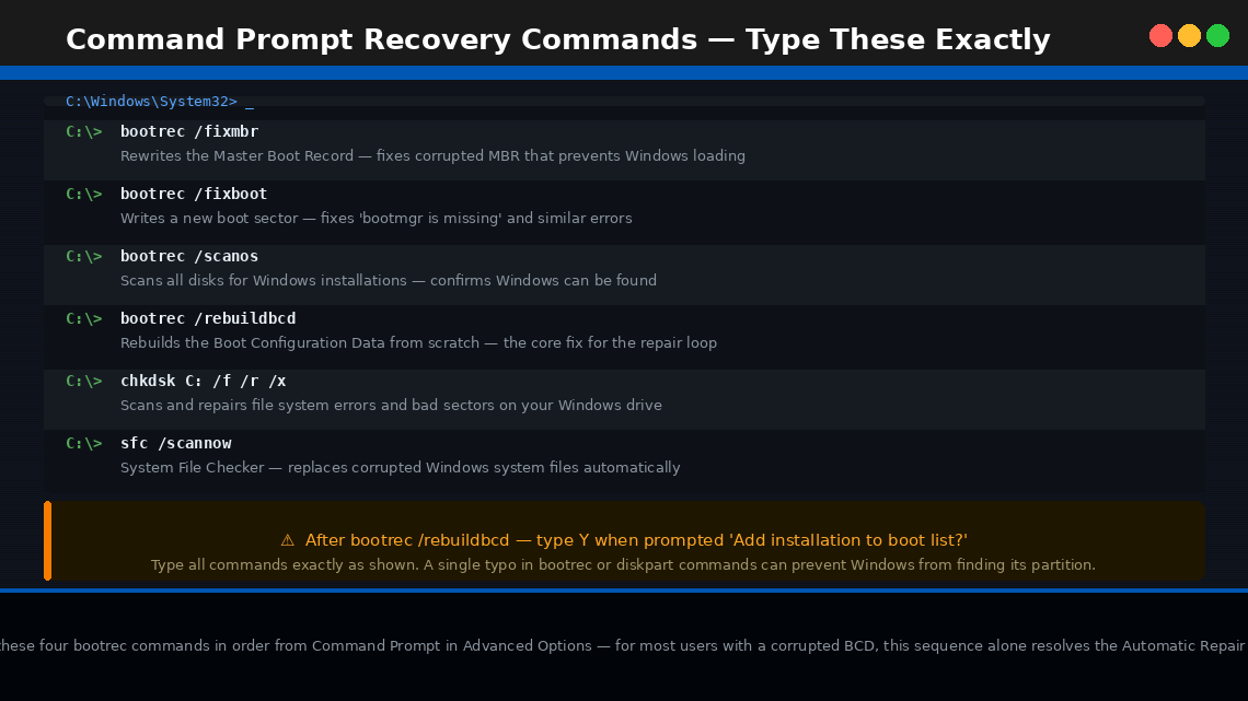Dark terminal command prompt reference card showing bootrec fixmbr fixboot scanos rebuildbcd and chkdsk sfc commands with descriptions for fixing the Automatic Repair loop