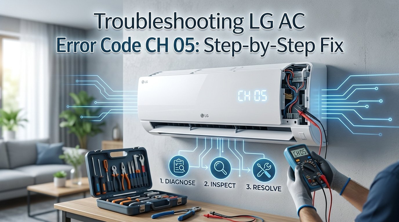 LG AC showing CH 05 error code with technician and multimeter