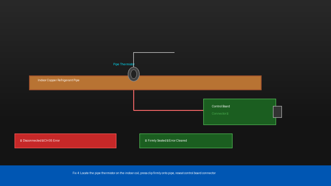 Diagram of LG AC indoor pipe thermistor location on the copper refrigerant pipe showing correct sensor clip position and control board connector