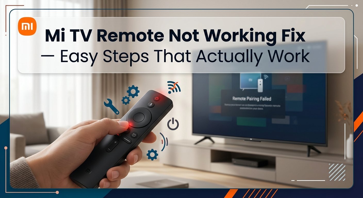 Hand holding Mi TV Bluetooth remote pointed at Xiaomi smart TV showing Remote Pairing Failed prompt on PatchWall screen