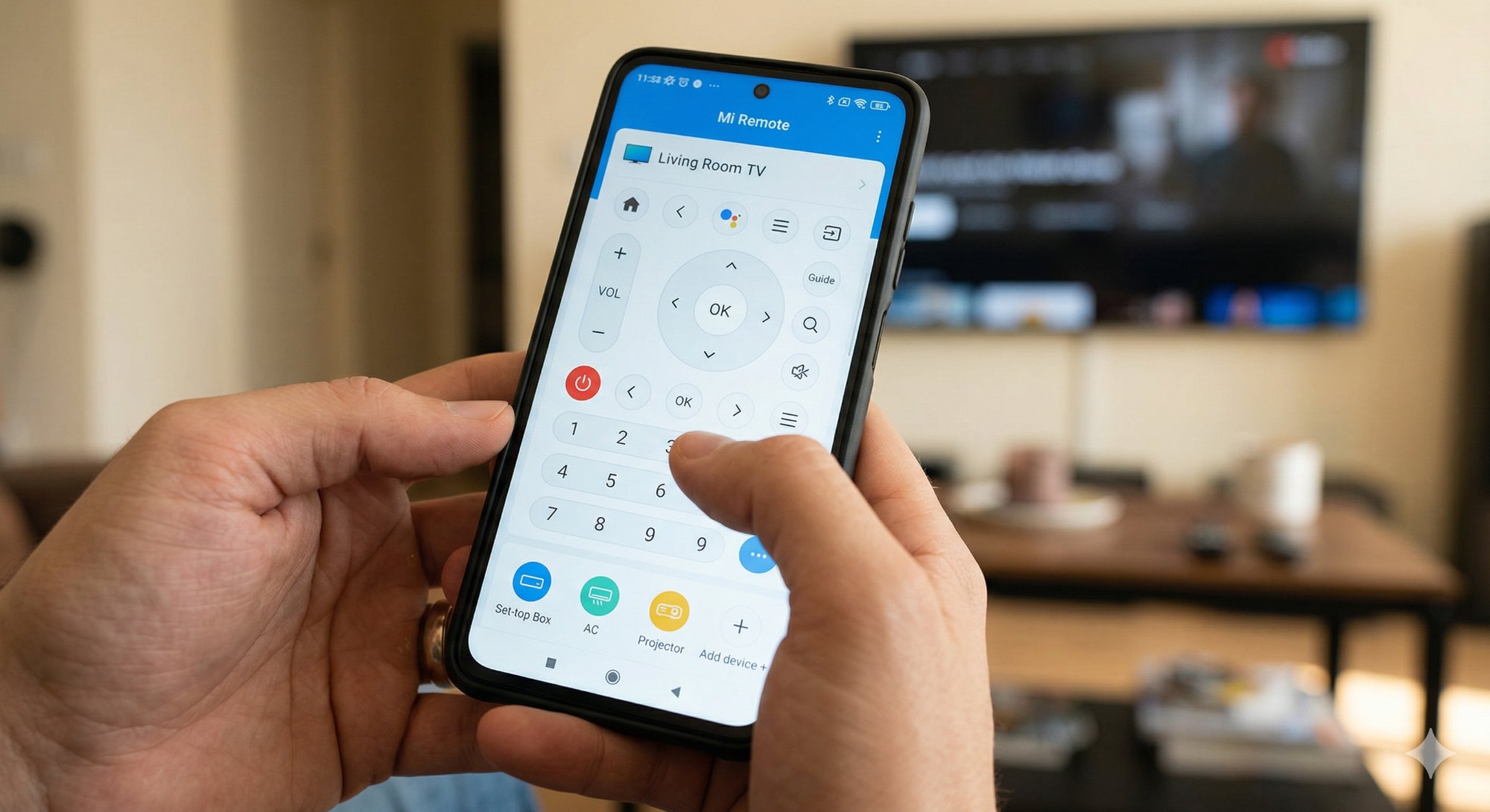 Person holding Android smartphone showing Mi Remote app interface with full remote layout controls connected to Living Room TV with Mi TV visible on wall in background