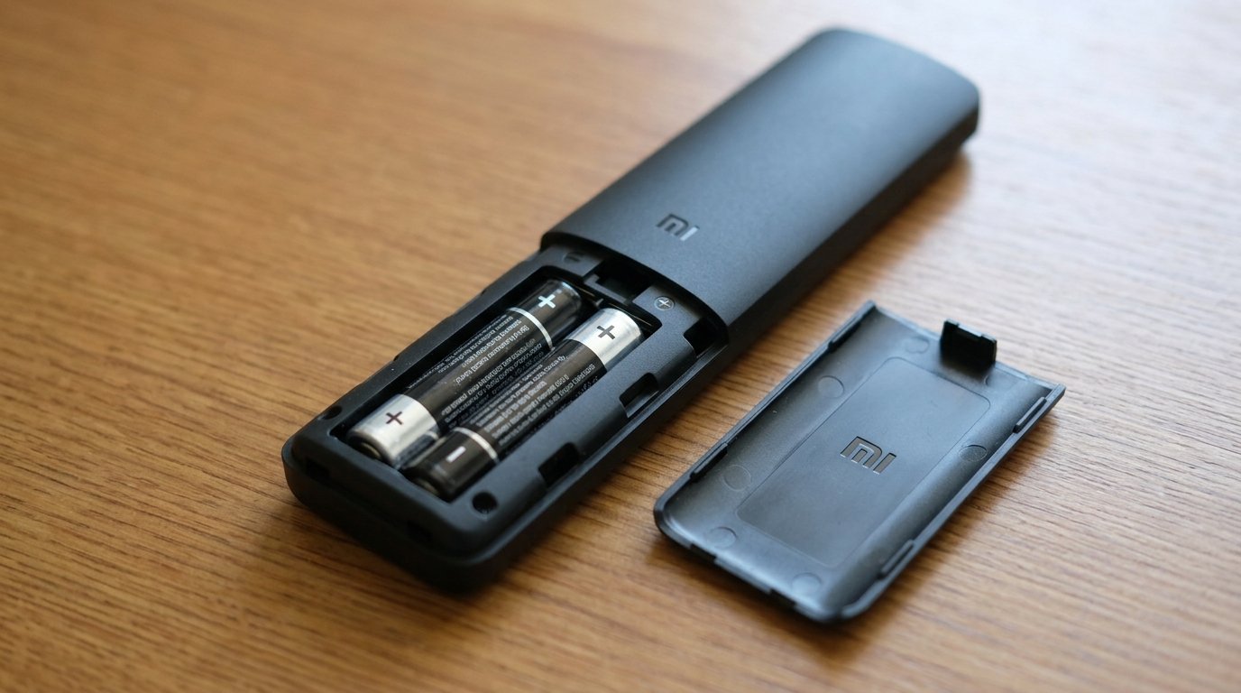 Mi TV Xiaomi remote with back cover removed showing two AA batteries in battery compartment on wooden table