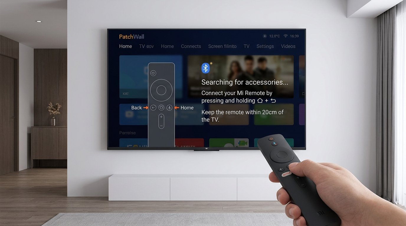 Mi TV PatchWall screen showing Searching for accessories Bluetooth pairing prompt with diagram of Mi remote indicating Home and Back buttons to press simultaneously