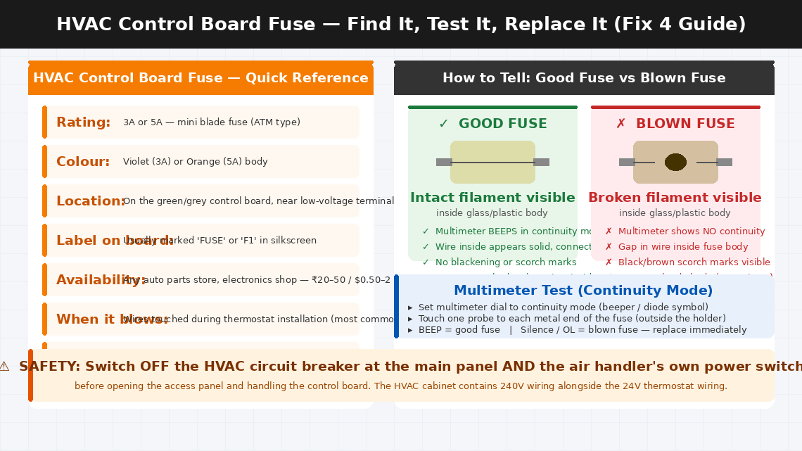 Light-themed guide showing HVAC control board fuse quick reference facts on the left and side-by-side comparison of good fuse with intact filament versus blown fuse with broken filament and scorch marks on the right with multimeter continuity test instructions