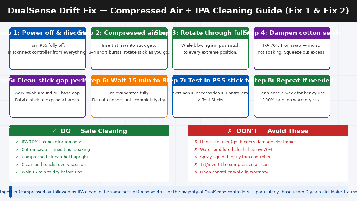 Light-themed 8-step cleaning guide for PS5 DualSense stick drift showing steps from powering off through compressed air bursts rotating stick IPA cotton swab clean drying time and testing with DO and DON'T reference panels below