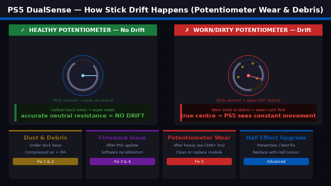 Dark-themed technical diagram comparing a healthy potentiometer with intact carbon track and centred wiper reporting no drift versus a worn or dirty potentiometer with debris and degraded track showing the wiper off-centre causing constant drift signal to PS5 with four root cause cards at the bottom