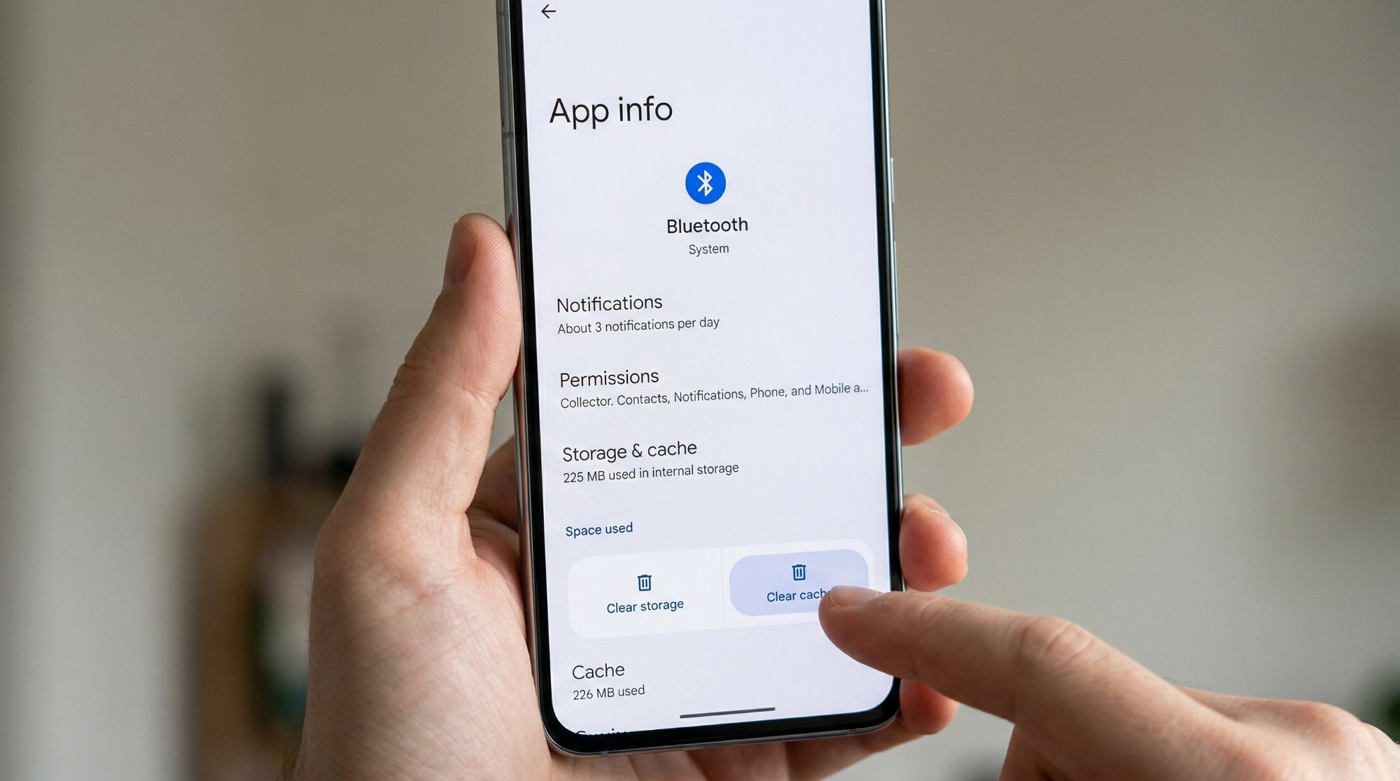 Hands holding Android phone showing Bluetooth App Info screen with Clear Cache button highlighted in Settings