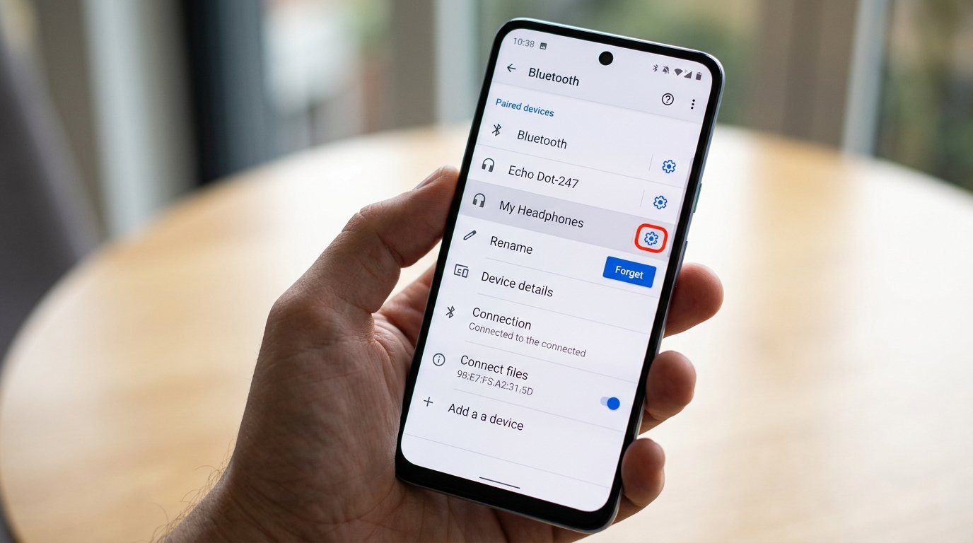 Android phone held in hand showing Bluetooth settings with Forget device option highlighted for unpairing Realme Buds
