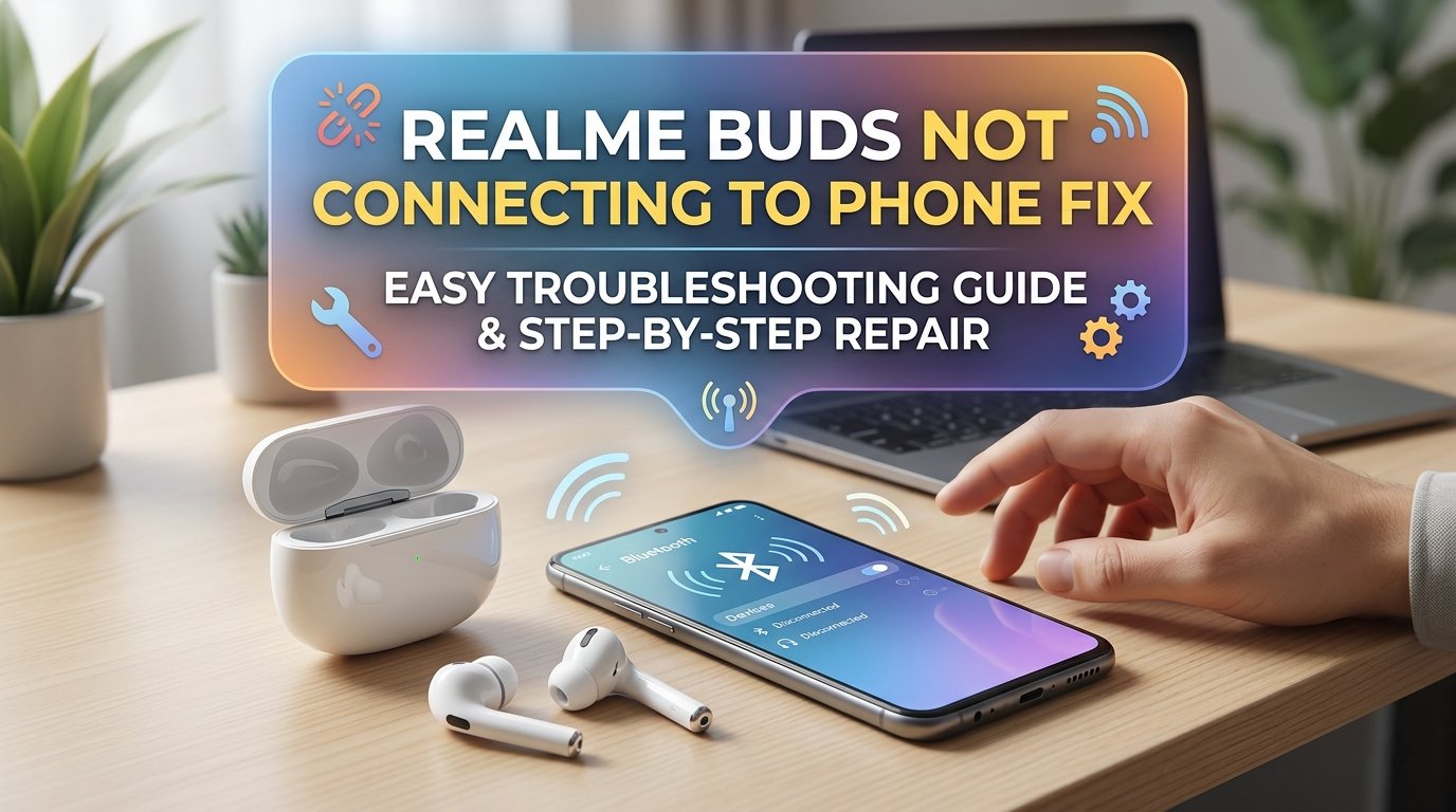 Realme Buds not connecting to phone troubleshooting guide with earbuds, phone showing Bluetooth disconnected, and laptop on desk